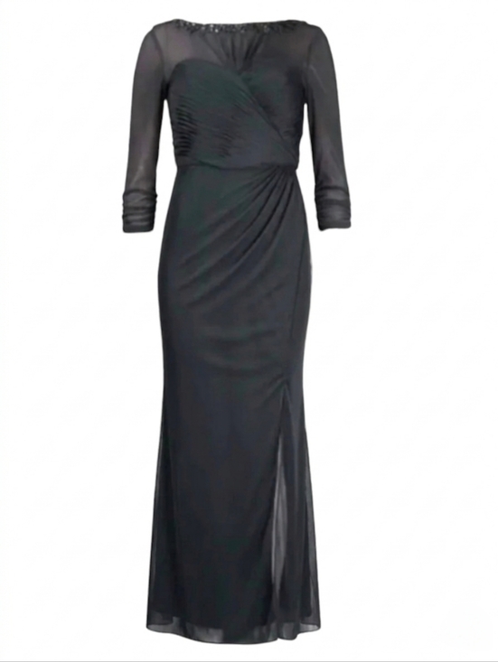 Alex Evenings Gray Jeweled Illusion Ruched Dress